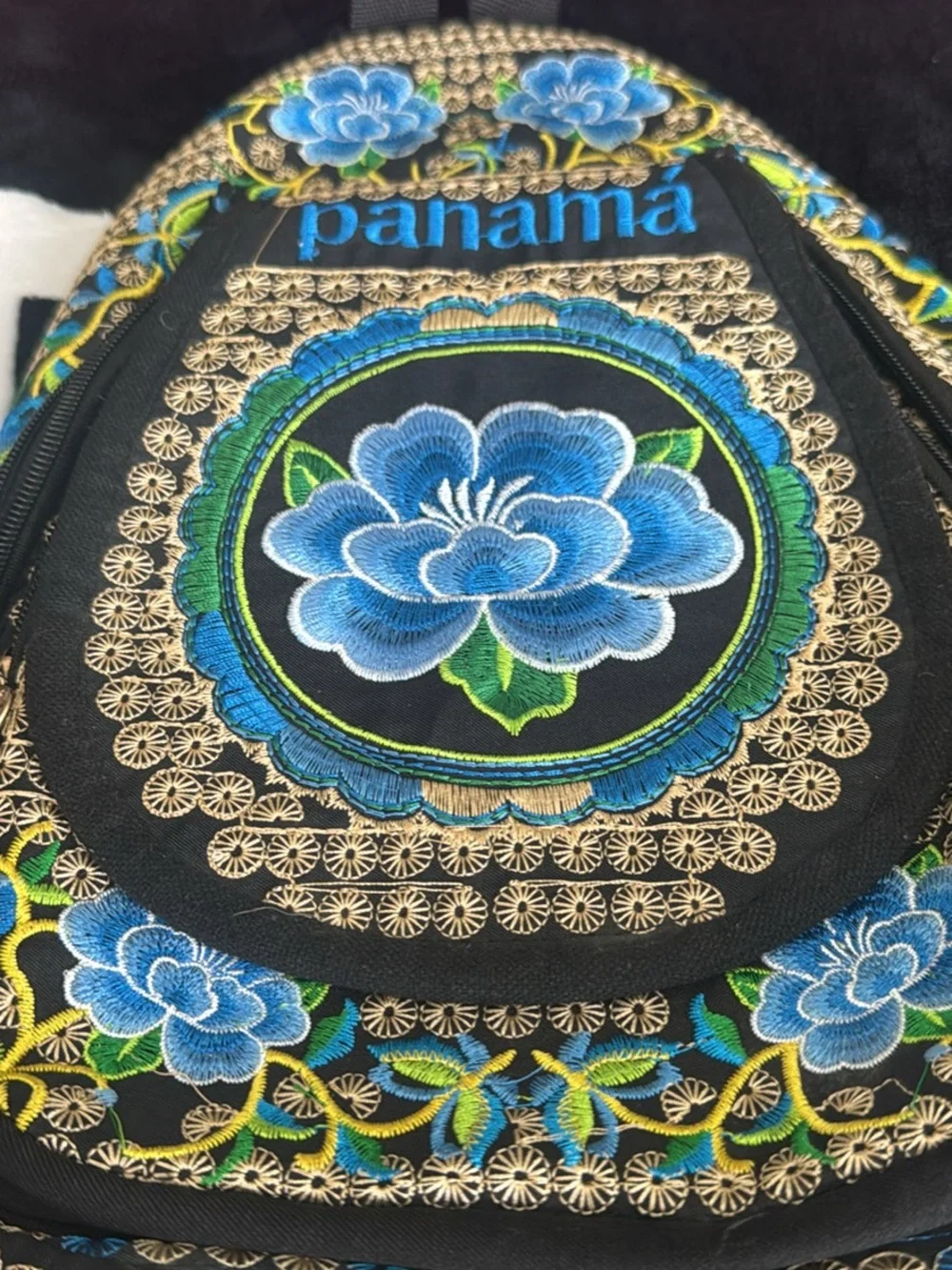Panama Black Backpack with Blue & Green Floral Embroidery